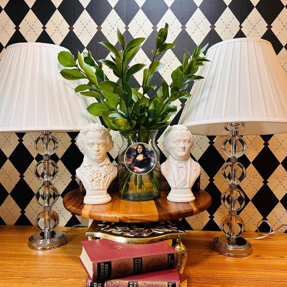 Ralph Lauren Pair Table Lamps Crystal Balls Farrah– Silver Base Elegance Luxury